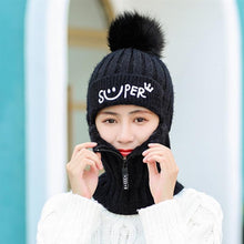 Load image into Gallery viewer, Female Winter Knitted Hats Add Fur Lined Warm Winter Hats For Women With Zipper Keep Face Warmer Balaclava Pompoms Cap Fleece Balaclava Gorgas Bonnet Knitted Hat Windproof Ski Mask Cold Weather Face Mask Motorcycle Balaclava Hood Warmer Winter Sports Cap