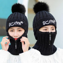 Load image into Gallery viewer, Female Winter Knitted Hats Add Fur Lined Warm Winter Hats For Women With Zipper Keep Face Warmer Balaclava Pompoms Cap Fleece Balaclava Gorgas Bonnet Knitted Hat Windproof Ski Mask Cold Weather Face Mask Motorcycle Balaclava Hood Warmer Winter Sports Cap
