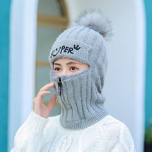 Load image into Gallery viewer, Female Winter Knitted Hats Add Fur Lined Warm Winter Hats For Women With Zipper Keep Face Warmer Balaclava Pompoms Cap Fleece Balaclava Gorgas Bonnet Knitted Hat Windproof Ski Mask Cold Weather Face Mask Motorcycle Balaclava Hood Warmer Winter Sports Cap