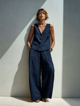 Load image into Gallery viewer, Linen Blend V-Neck Buttoned Vest & High-Waist Wide-Leg Pants Set – 5 Colors S–3XL