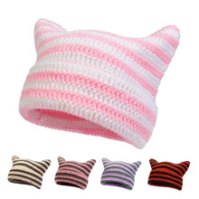 Load image into Gallery viewer, Women’s Hand Knitted Striped Cat Hat – Cute Warm Winter Beanie