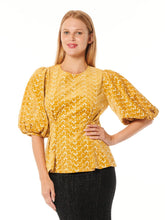 Load image into Gallery viewer, Flower Embroidered Puff Sleeve Peplum Style Blouse