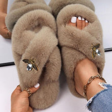 Load image into Gallery viewer, Fluffy Slippers Rhinestone Butterfly Faux Fur Slides Women Sandals Platform Flip Flops Crystal Indoor Slippers Faux Fur Slippers Comfy Open Toe Two Slides Lining And Rubber Sole