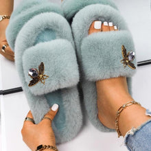 Load image into Gallery viewer, Fluffy Slippers Rhinestone Butterfly Faux Fur Slides Women Sandals Platform Flip Flops Crystal Indoor Slippers Faux Fur Slippers Comfy Open Toe Two Slides Lining And Rubber Sole