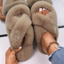 Load image into Gallery viewer, Fluffy Slippers Rhinestone Butterfly Faux Fur Slides Women Sandals Platform Flip Flops Crystal Indoor Slippers Faux Fur Slippers Comfy Open Toe Two Slides Lining And Rubber Sole