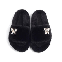 Load image into Gallery viewer, Fluffy Slippers Rhinestone Butterfly Faux Fur Slides Women Sandals Platform Flip Flops Crystal Indoor Slippers Faux Fur Slippers Comfy Open Toe Two Slides Lining And Rubber Sole