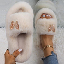 Load image into Gallery viewer, Fluffy Slippers Rhinestone Butterfly Faux Fur Slides Women Sandals Platform Flip Flops Crystal Indoor Slippers Faux Fur Slippers Comfy Open Toe Two Slides Lining And Rubber Sole