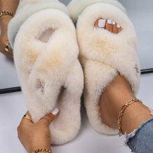 Load image into Gallery viewer, Fluffy Slippers Rhinestone Butterfly Faux Fur Slides Women Sandals Platform Flip Flops Crystal Indoor Slippers Faux Fur Slippers Comfy Open Toe Two Slides Lining And Rubber Sole