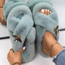 Load image into Gallery viewer, Fluffy Slippers Rhinestone Butterfly Faux Fur Slides Women Sandals Platform Flip Flops Crystal Indoor Slippers Faux Fur Slippers Comfy Open Toe Two Slides Lining And Rubber Sole