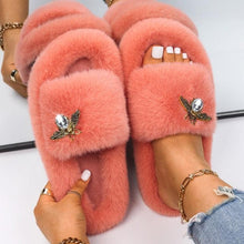 Load image into Gallery viewer, Fluffy Slippers Rhinestone Butterfly Faux Fur Slides Women Sandals Platform Flip Flops Crystal Indoor Slippers Faux Fur Slippers Comfy Open Toe Two Slides Lining And Rubber Sole