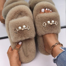 Load image into Gallery viewer, Fluffy Slippers Rhinestone Butterfly Faux Fur Slides Women Sandals Platform Flip Flops Crystal Indoor Slippers Faux Fur Slippers Comfy Open Toe Two Slides Lining And Rubber Sole