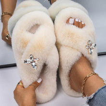 Load image into Gallery viewer, Fluffy Slippers Rhinestone Butterfly Faux Fur Slides Women Sandals Platform Flip Flops Crystal Indoor Slippers Faux Fur Slippers Comfy Open Toe Two Slides Lining And Rubber Sole