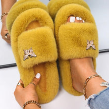Load image into Gallery viewer, Fluffy Slippers Rhinestone Butterfly Faux Fur Slides Women Sandals Platform Flip Flops Crystal Indoor Slippers Faux Fur Slippers Comfy Open Toe Two Slides Lining And Rubber Sole