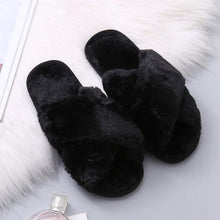 Load image into Gallery viewer, Fluffy Slippers Women Cozy Faux Fur Cross Indoor Floor Slides Flat Soft Furry Shoes Fluffy Furry Fur Slippers Flip Flop Open Toe Cozy House Memory Foam Sandals Slides Soft Flat Comfy Slippers