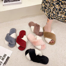 Load image into Gallery viewer, Fluffy Slippers Women Cozy Faux Fur Cross Indoor Floor Slides Flat Soft Furry Shoes Fluffy Furry Fur Slippers Flip Flop Open Toe Cozy House Memory Foam Sandals Slides Soft Flat Comfy Slippers