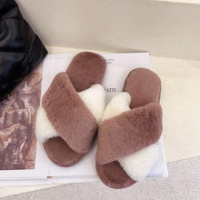 Load image into Gallery viewer, Fluffy Slippers Women Cozy Faux Fur Cross Indoor Floor Slides Flat Soft Furry Shoes Fluffy Furry Fur Slippers Flip Flop Open Toe Cozy House Memory Foam Sandals Slides Soft Flat Comfy Slippers