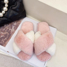 Load image into Gallery viewer, Fluffy Slippers Women Cozy Faux Fur Cross Indoor Floor Slides Flat Soft Furry Shoes Fluffy Furry Fur Slippers Flip Flop Open Toe Cozy House Memory Foam Sandals Slides Soft Flat Comfy Slippers