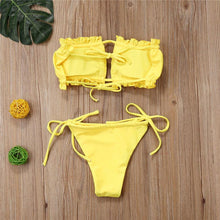 Load image into Gallery viewer, Folds Bikini Women Swimwear Bathing Suit Women's Ruffle Tie Side Bikini Set High Cut Strapless Padded Solid Bathing Suit Bikini Micro Swimsuit Female Push up Two-Piece Suit Summer