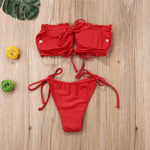 Load image into Gallery viewer, Folds Bikini Women Swimwear Bathing Suit Women's Ruffle Tie Side Bikini Set High Cut Strapless Padded Solid Bathing Suit Bikini Micro Swimsuit Female Push up Two-Piece Suit Summer