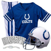 Load image into Gallery viewer, Franklin Sports NFL Youth Football Uniform Set for Boys & Girls - Includes Helmet, Jersey & Pants with Chinstrap + Numbers Indianapolis Colts Medium - # BOAA12110001