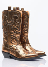 Load image into Gallery viewer, Ganni Women Mid Shaft Embroidered Metallic Western Boots