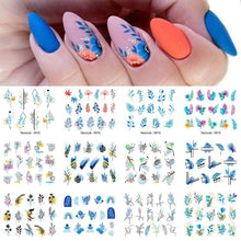 Load image into Gallery viewer, Geometrics Blue Flower Leaves Water Decals Stickers Special Floral Transfer Slider For Nails Decoration Nail Art Stickers Black White Flower Palm Leaf Nail Self-Adhesive Decals Nail Stickers Water Transfer Fresh Nail Decals for Nail Art Butterfly Palm