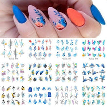Load image into Gallery viewer, Geometrics Blue Flower Leaves Water Decals Stickers Special Floral Transfer Slider For Nails Decoration Nail Art Stickers Black White Flower Palm Leaf Nail Self-Adhesive Decals Nail Stickers Water Transfer Fresh Nail Decals for Nail Art Butterfly Palm