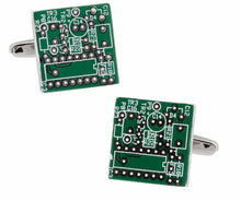Load image into Gallery viewer, Upcycled Green Circuit Board Computer Chip Motherboard Cufflinks