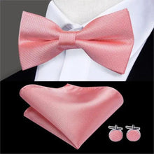 Load image into Gallery viewer, Green Color Silk Butterfly Pre-Tied Bow Tie Pocket Square Cufflinks Suit Set For Men Silk Adjustable Self Bowtie Formal Bowtie Set