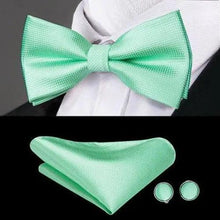 Load image into Gallery viewer, Green Color Silk Butterfly Pre-Tied Bow Tie Pocket Square Cufflinks Suit Set For Men Silk Adjustable Self Bowtie Formal Bowtie Set