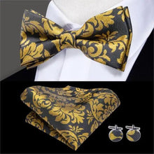 Load image into Gallery viewer, Green Color Silk Butterfly Pre-Tied Bow Tie Pocket Square Cufflinks Suit Set For Men Silk Adjustable Self Bowtie Formal Bowtie Set