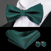 Load image into Gallery viewer, Green Color Silk Butterfly Pre-Tied Bow Tie Pocket Square Cufflinks Suit Set For Men Silk Adjustable Self Bowtie Formal Bowtie Set