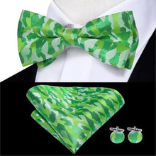 Load image into Gallery viewer, Green Color Silk Butterfly Pre-Tied Bow Tie Pocket Square Cufflinks Suit Set For Men Silk Adjustable Self Bowtie Formal Bowtie Set