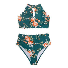 Load image into Gallery viewer, Green Floral Halter Bikini Women High Waist Bikini Halter Two Piece Bathing Suits Tummy Control Swimsuit Push Up Swimwear Sets Women High Waist Two Pieces Swimsuit New Girl Bathing Suits