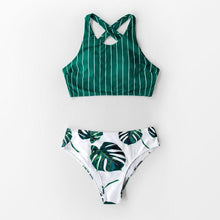 Load image into Gallery viewer, Green Stripe And Leaves Print Bikini Sets Women Tank Swimsuit Women's Two Piece High Neck Bikinis Swimsuits Modest Crop Top Bathing Suits For Teens Two Pieces Girls Beach Bathing Suits Swimwear