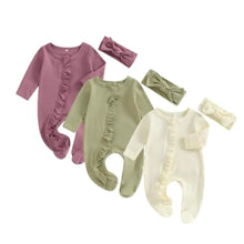 Load image into Gallery viewer, Merqwadd Baby Girl Zipper Pajama Footies 3 Pack Ruffle Sleeper Coming Home Infant Cotton Clothes (Waffle Knit-Lavender/Green/Cream 3-6 Months) - # BAAA81810009