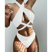 Load image into Gallery viewer, Halter Hollow Cross Bikinis Set Swimsuit Women's New Solid Two-Piece Swimwear Two Piece Swimsuit Halter Crisscross Cut Out Bikini Wrap Top with High Waist Bottom Beach Swimwear Summer Beachwear Woman Bath Bathing Suit