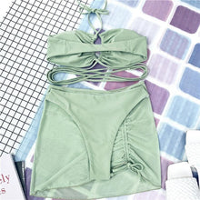 Load image into Gallery viewer, Halter Hollow Cross Bikinis Set Swimsuit Women's New Solid Two-Piece Swimwear Two Piece Swimsuit Halter Crisscross Cut Out Bikini Wrap Top with High Waist Bottom Beach Swimwear Summer Beachwear Woman Bath Bathing Suit