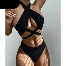 Load image into Gallery viewer, Halter Hollow Cross Bikinis Set Swimsuit Women's New Solid Two-Piece Swimwear Two Piece Swimsuit Halter Crisscross Cut Out Bikini Wrap Top with High Waist Bottom Beach Swimwear Summer Beachwear Woman Bath Bathing Suit