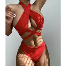 Load image into Gallery viewer, Halter Hollow Cross Bikinis Set Swimsuit Women's New Solid Two-Piece Swimwear Two Piece Swimsuit Halter Crisscross Cut Out Bikini Wrap Top with High Waist Bottom Beach Swimwear Summer Beachwear Woman Bath Bathing Suit