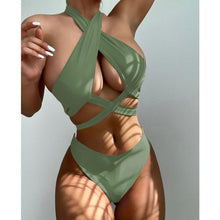 Load image into Gallery viewer, Halter Hollow Cross Bikinis Set Swimsuit Women's New Solid Two-Piece Swimwear Two Piece Swimsuit Halter Crisscross Cut Out Bikini Wrap Top with High Waist Bottom Beach Swimwear Summer Beachwear Woman Bath Bathing Suit