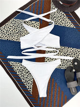 Load image into Gallery viewer, Halter Hollow Cross Bikinis Set Swimsuit Women's New Solid Two-Piece Swimwear Two Piece Swimsuit Halter Crisscross Cut Out Bikini Wrap Top with High Waist Bottom Beach Swimwear Summer Beachwear Woman Bath Bathing Suit