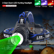 Load image into Gallery viewer, Headlamp Flashlight USB LED Head Rechargeable Light Waterproof Green/Red/UV 395nm Zoomable Headlamp Flashlight Light Outdoor Waterproof Headlight Led Head Lamp 3 Modes Torch For Camping Hiking Fishing