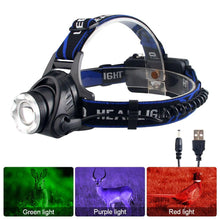 Load image into Gallery viewer, Headlamp Flashlight USB LED Head Rechargeable Light Waterproof Green/Red/UV 395nm Zoomable Headlamp Flashlight Light Outdoor Waterproof Headlight Led Head Lamp 3 Modes Torch For Camping Hiking Fishing