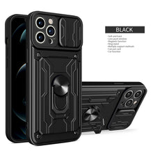 Load image into Gallery viewer, Heavy Duty Armor Case Card Pocket for iPhone 11 Pro 7 8 Plus Magnetic Phone Holder Cover Slide Lens Protection Design Card Holder Slot With Rotating Ring Armor Bumper Shockproof Case