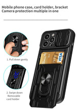 Load image into Gallery viewer, Heavy Duty Armor Case Card Pocket for iPhone 11 Pro 7 8 Plus Magnetic Phone Holder Cover Slide Lens Protection Design Card Holder Slot With Rotating Ring Armor Bumper Shockproof Case