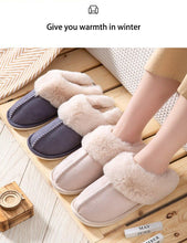 Load image into Gallery viewer, High Quality Cow Suede Leather Plush Fur Lined Women Winter Slippers Home Half Casual Shoes Flats Waterproof Memory Foam House Shoes Slipper With Fuzzy Plush Design