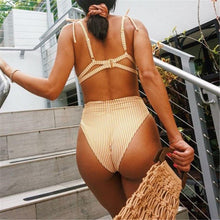 Load image into Gallery viewer, High Waist Belt Bikini Set Stripe Swimsuit Tie Front Women Swimwear Female Beach Wear Swim Bathing Suit Women's Detachable Padded Cutout Push Up Striped Bikini Set Two Piece Swimsuit
