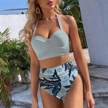 Load image into Gallery viewer, High Waist Bikini Leaf Print Swimsuit Women Push Up Swimwear Female Halter Bathing Suit Vintage Swimming Suit Women Vintage Underwire High Waist Swimsuit Two Pieces Halter Lace Up Adjustable Bikini Top