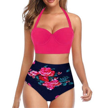 Load image into Gallery viewer, High Waist Bikini Leaf Print Swimsuit Women Push Up Swimwear Female Halter Bathing Suit Vintage Swimming Suit Women Vintage Underwire High Waist Swimsuit Two Pieces Halter Lace Up Adjustable Bikini Top